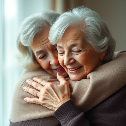Regenerate a heartwarming close-up image of two elderly women embracing, with soft lighting, using a DSLR camera, aperture set to f/2.8 for shallow depth of field, 50mm lens for a natural view, and ISO 200 for optimal clarity in warm tones.