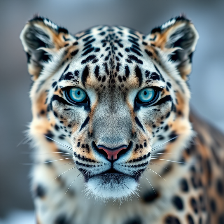 Generate a high-quality illustration of a snow leopard with vibrant blue eyes, captured in a close-up perspective, using a Canon EOS R5 with a 100mm f/2.8 macro lens, aperture set to f/4 for enhanced depth of field, ISO 100 for clarity, and a soft focus background to emphasize the animal's features.