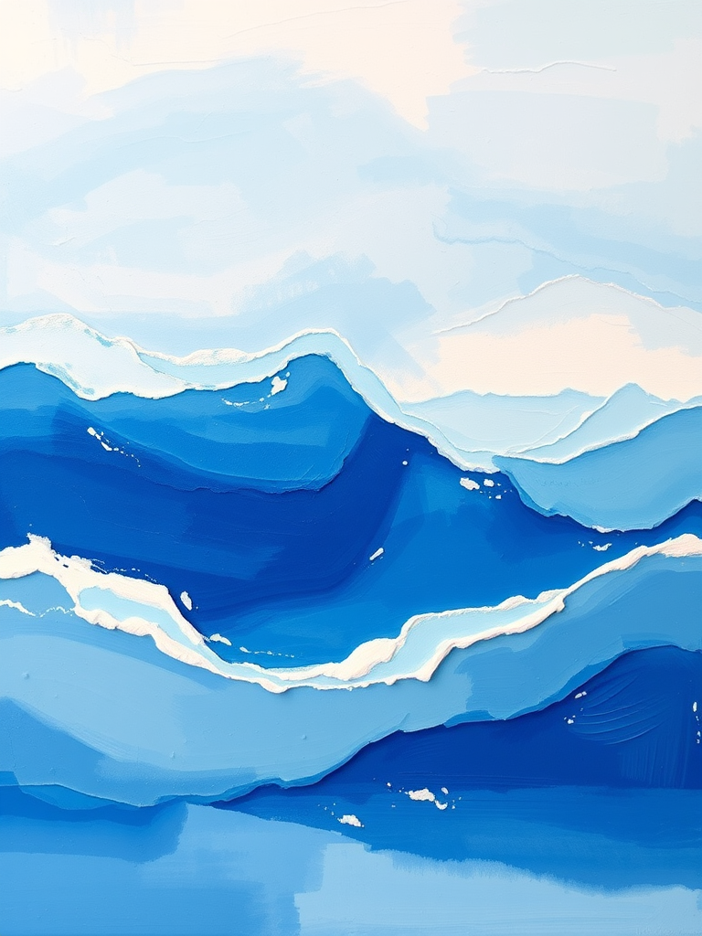 create an abstract painting with varying shades of blue and white, featuring thick, textured brush strokes that evoke the feeling of ocean waves and sky.