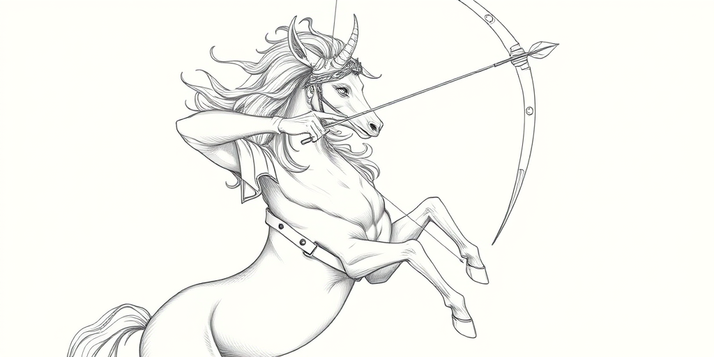 Create a highly detailed line drawing of a centaur archer poised to shoot an arrow, with dynamic movement and intricate textures, captured using a DSLR camera with a 50mm lens, f/2.8 aperture, ISO 100, in natural lighting, focusing on sharp lines and contrast.
