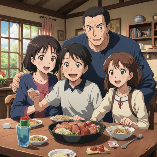isekai anime style poster depicting a happy Family of four, a surprised dad sitting at a table with his wife and two kids eating something; the movie title clearly reads "OH NO! I HAVE BECOME A FAMILY MAN WITH A DOTING WIFE AND LOVABLE KIDS!", written in clear and exact letters