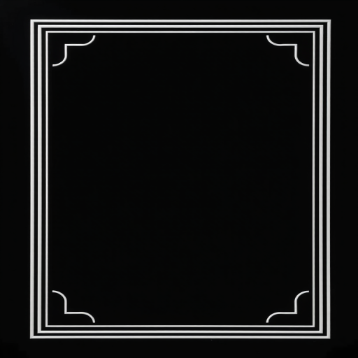 Create a minimalistic black background image with elegant white frame designs at the corners, using a DSLR camera, focal length of 50mm, aperture set at f/2.8, ISO 100, and a soft focus effect to enhance the overall quality.