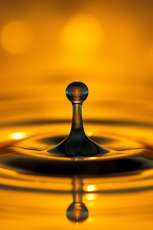 macro shot of a water droplet splashing on the surface of water with golden reflections, f/2.8 aperture, ISO 100, shutter speed 1/1000 sec, focused from a low angle, using a Canon EOS 5D Mark IV with a 100mm macro lens