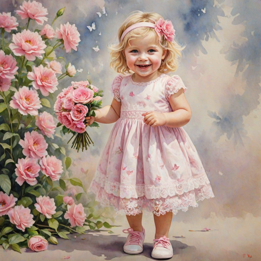 hyperrealism happy smiling toddler girl with messy wavy blonde hair with a headband, she is wearing a pink and white lace dress with pink and white shoes, she is holding a pink bouquet of flowers. Pink flowers and butterflies. summer background. Watercolor Highly detailed