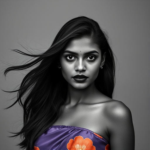 Photographic image of a beautiful young Sri Lankan woman, black eyes, lips with black lipstick, long hair fluttering in the wind and wearing a silk strapless dress with a soft purple and orange print. monochrome image with only color highlights in the iris of the eyes, lipstick and dress. Gray background.
