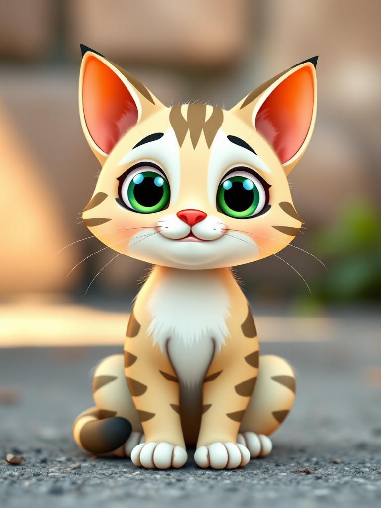 Generate a cute cartoon cat character sitting upright with big eyes and a smiling expression, using vibrant colors and soft shading, captured with a DSLR camera at f/2.8 aperture, 50mm lens, in natural light for enhanced image quality.