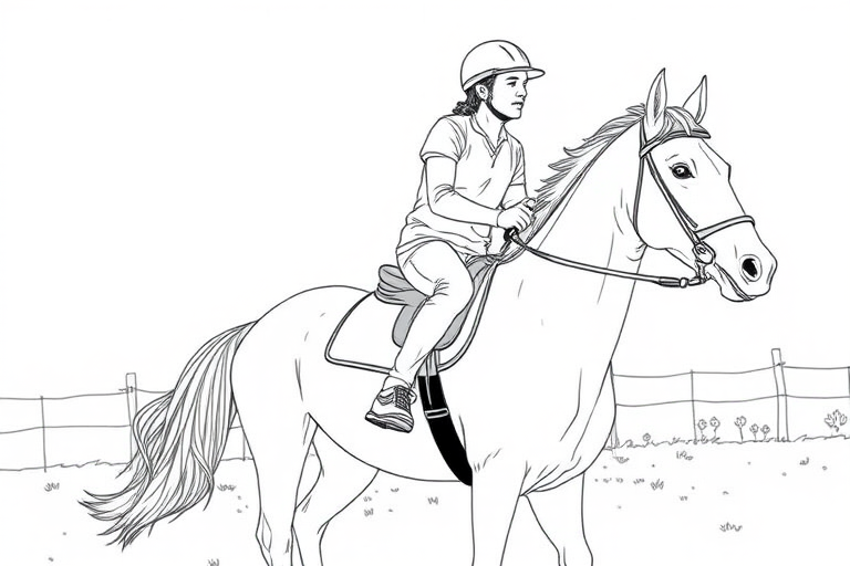 Generate a high-quality line drawing of a person riding a horse, with the camera set to 35mm focal length, aperture f/8 for depth of field, soft natural lighting, using a DSLR camera in portrait orientation.