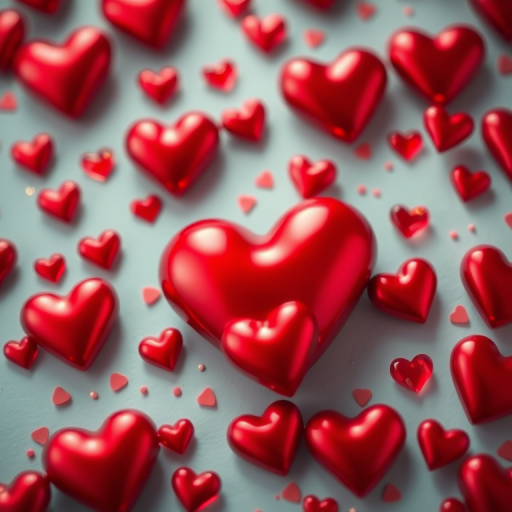 Create a vibrant background filled with various sizes of shiny red hearts in a heart shape, using a DSLR camera with an aperture of f/4, shutter speed of 1/125s, ISO 100, in macro view with a soft-focus background to enhance the depth and richness of colors.