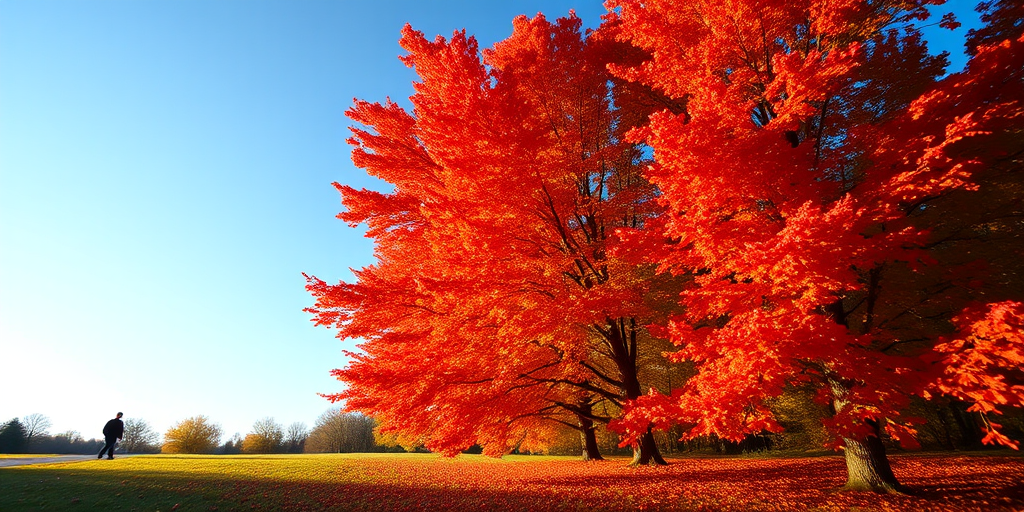 autumn landscape with vibrant red and orange foliage, clear blue sky, two people walking in the distance, soft sunlight filtering through trees, aperture f/8, shutter speed 1/125s, ISO 100, wide-angle lens, DSLR camera, golden hour lighting