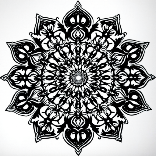 high-detail black and white mandala design, 50mm lens, aperture f/8, ISO 100, top-down view, studio lighting, digital illustration