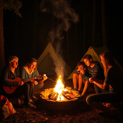 Nighttime image, low resolution, group of teenagers sitting around a campfire, roasting marshmallows, soft orange glow illuminating their faces, dark woods surrounding them, a few tents pitched in the background, someone strumming a guitar softly, smoke swirling in the cool night air.