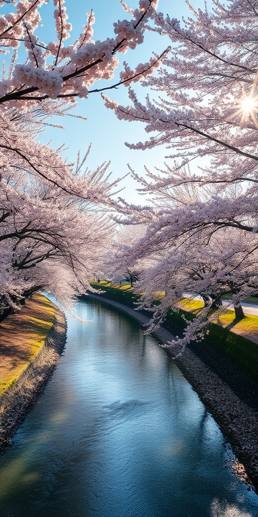 a serene landscape with cherry blossom trees in full bloom on either side of a tranquil river, soft sunlight filtering through the blossoms, creating a magical atmosphere, 50mm lens, f/1.8 aperture, ISO 100, natural light, shot in HDR with a DSLR camera
