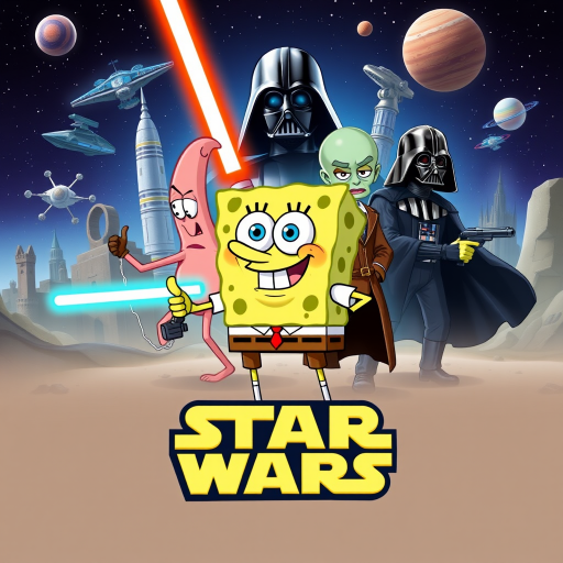Create a parody of the Star Wars poster with SpongeBob as Luke Skywalker, holding a glowing spatula like a lightsaber. Patrick Star takes the role of Han Solo, holding a blaster, while Squidward is Obi-Wan Kenobi, draped in robes. In the background, Plankton appears as Darth Vader, with Bikini Bottom’s landmarks reimagined as spaceships and planets. The iconic Star Wars logo is swapped for "Sponge Wars," creating a playful, sci-fi adventure scene.