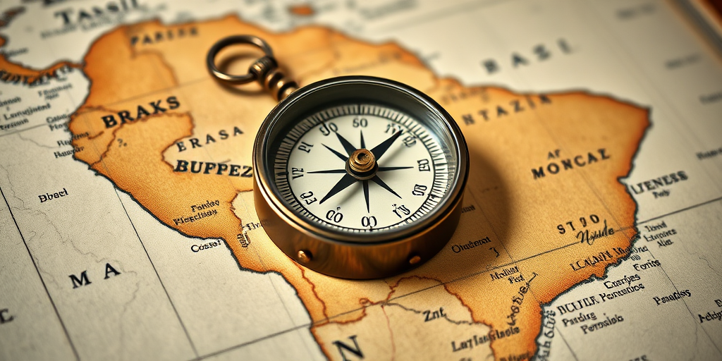 Close-up of a vintage compass on an antique map of Brazil, natural light, f/2.8 aperture, ISO 100, 50mm lens, shot from a slightly elevated angle, DSLR camera, focus on the compass details.