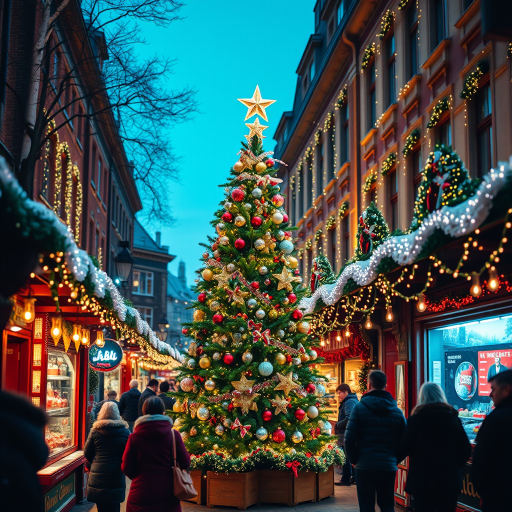Generate an image of a festive Christmas market scene. Include a beautifully decorated Christmas tree with shiny ornaments and a star on top. Surround the tree with colorful market stalls adorned with lights and holiday decorations. Capture the vibrant atmosphere with shoppers enjoying the festivities.