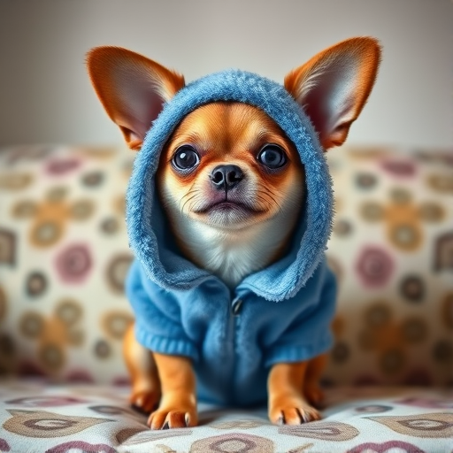 Create an image of a small dog wearing a blue fluffy hoodie with large floppy ears resembling a cartoon character sitting on a patterned couch with a cheerful expression.