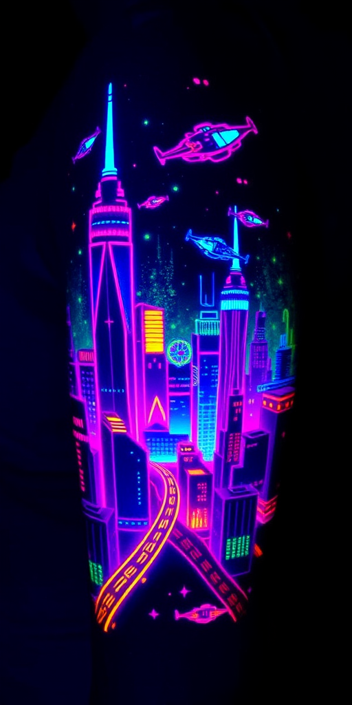 Neon glow tattoo named "Electric Dreams" showcasing vibrant, luminescent colors that appear to pulse and radiate under UV light, depicting a futuristic cityscape with glowing skyscrapers and flying vehicles, perfect for night owls and party-goers who want their tattoos to come alive in dimly lit environments.