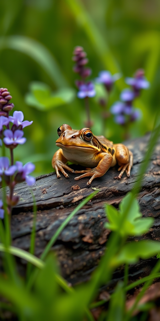 Capture a close-up of a frog resting on a log surrounded by lush greenery and purple flowers, using a DSLR camera at f/2.8 aperture, ISO 400, 50mm lens, with soft natural lighting and a shallow depth of field for enhanced image quality.