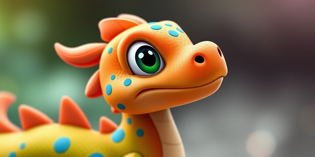 Create a vibrant digital illustration of a cartoon dragon in profile with bright orange and green scales, large expressive eyes, and distinctive blue spots, using a 50mm lens on a DSLR camera with f/2.8 aperture, 1/200 shutter speed, and ISO 100 for sharp focus and enhanced color saturation.