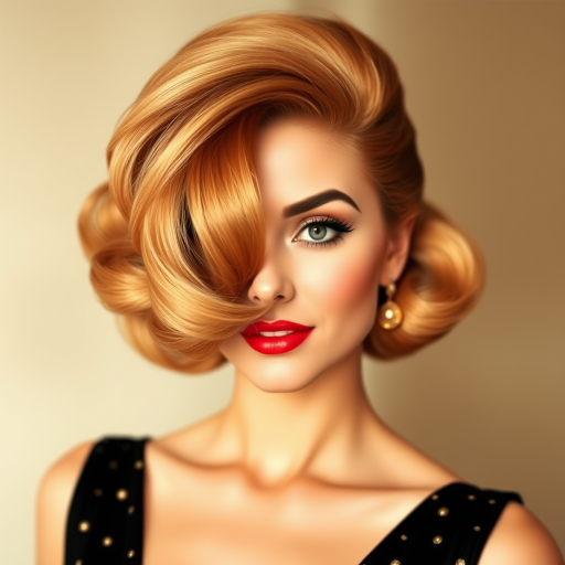 Glamorous diva flaunting a voluminous, 1960s-inspired bouffant hairstyle with a deep side part and honey blonde highlights