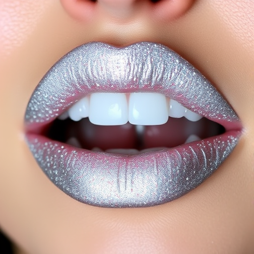 Glittery silver lips with holographic sparkles, titled "Stardust Shimmer," provide a dazzling, eye-catching look for special occasions