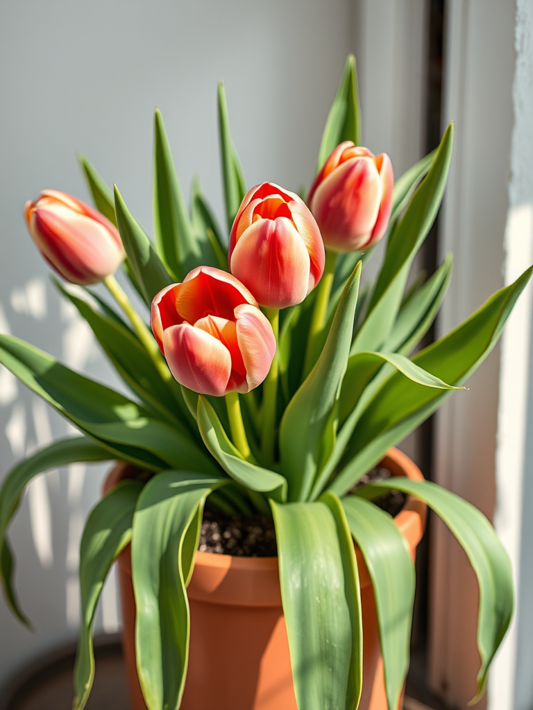 Generate a detailed illustration of a potted tulip plant with multiple blooms and long leaves, using a macro lens, aperture set to f/2.8, 50mm focal length, and natural lighting to enhance colors and texture.