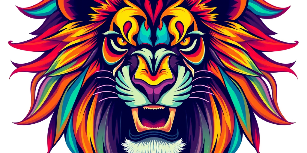 Regenerate a vibrant, stylized lion head illustration with intricate details and a kaleidoscopic color palette, using a digital art software, high resolution of 300 DPI, and a vector graphic format for enhanced sharpness and clarity.