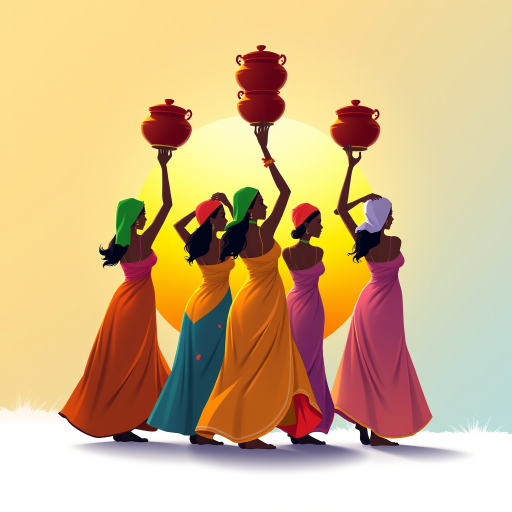 Generate a vibrant illustration of five women in colorful dresses, each carrying a pot on their head, with a gradient sunset background that transitions from yellow to orange to blue, using a high-resolution digital art style with smooth gradients, wide-angle view, and an emphasis on contrast and sharpness, created in a digital medium.