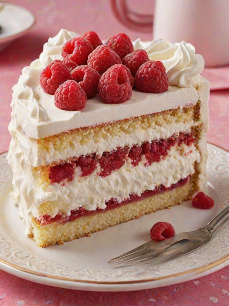 Generate an image of a slice of cake with layers of light sponge, filled with raspberry filling and topped with whipped cream. The cake should have fresh raspberries visible between the layers and a decorative edge of whipped cream on top. The background should be a simple, soft color to highlight the cake.