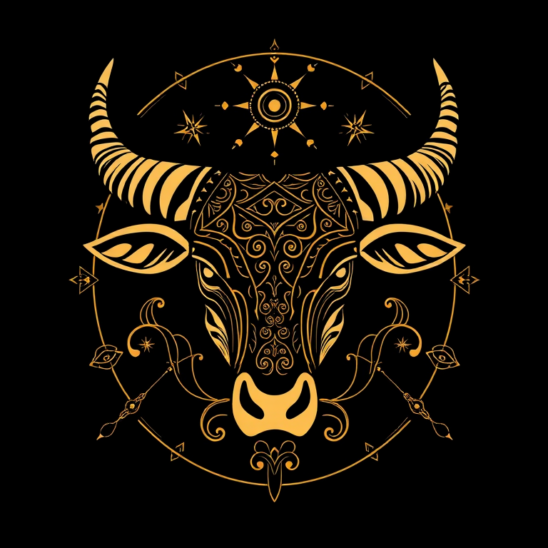 Create an illustration of a stylized Taurus bull head with intricate patterns and celestial designs on a black background, using a high-resolution digital camera with a 50mm lens, f/1.8 aperture, and soft focus effect to enhance details and depth.