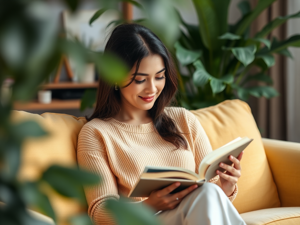 A cozy living room scene featuring a woman reading a book on a light yellow sofa, surrounded by soft green leaves in the background, captured with a Canon EOS R5, 50mm lens, f/1.8 aperture, ISO 100, natural light, soft focus style for a warm, inviting atmosphere.