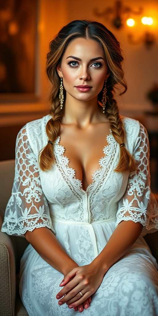 Create a portrait of a refined and elegant woman seated in a sophisticated setting. She has long, wavy hair styled in two thick braids that are pulled over her shoulders. She wears a white, lace gown with intricate patterns, featuring a deep V-neckline and short sleeves. The dress exudes a vintage charm with its delicate lacework. She is adorned with ornate, dangling earrings that add a touch of glamour to her appearance. The background is softly lit, with warm, ambient lighting that creates a cozy and inviting atmosphere. Her expression is poised and serene, capturing a sense of grace and elegance.