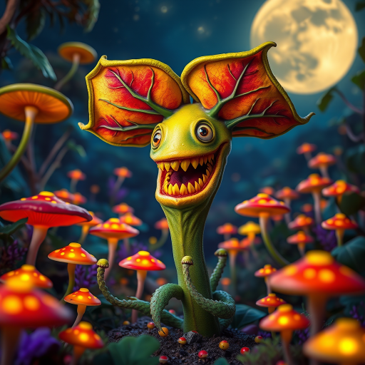 a fantastical carnivorous plant with a smiling face and colorful, oversized leaves standing in a vibrant alien jungle filled with glowing mushrooms, illuminated by a large moon in the night sky, lens type 50mm f/1.8, aperture f/2.8, ISO 100, shallow depth of field, soft focus background, vibrant colors