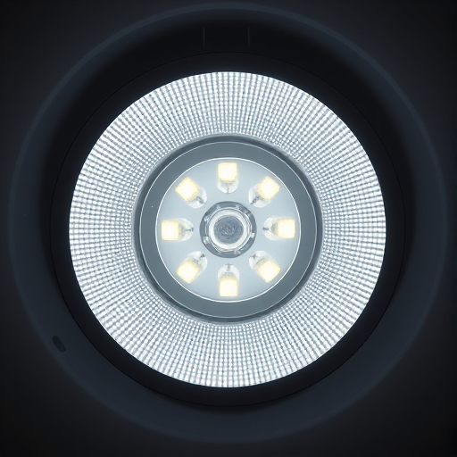 Create a high-resolution image of a circular LED light fixture with a textured surface and a central light source, using a DSLR camera with a 50mm lens, aperture set to f/2.8, ISO 100, and a softbox for even lighting, shot from a top-down perspective to highlight the details.