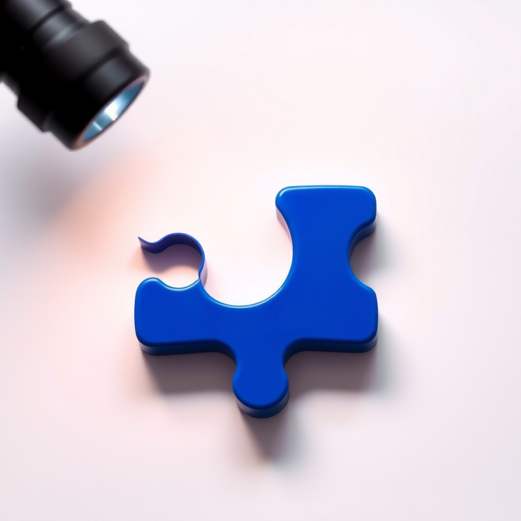 Create a high-resolution image of a blue puzzle piece isolated on a plain white background using a DSLR camera with a 50mm lens, aperture f/2.8, ISO 100, and a softbox lighting setup for enhanced detail and clarity.