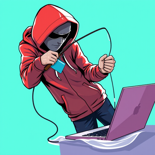 Create a vector illustration of a hacker in a hoodie fishing for a credit card that is dangling from a laptop, set on a bright turquoise background, using a high-resolution digital camera, with a 50mm lens at f/1.8 aperture, ISO 100, and a slight vignette effect for depth.