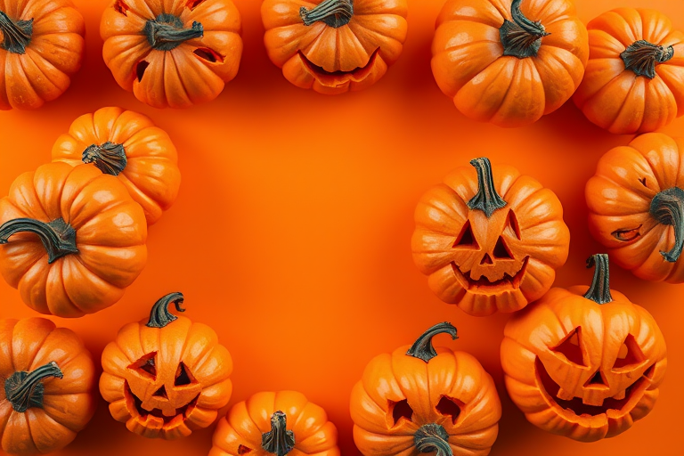 Create a high-resolution digital illustration of a Halloween-themed background with various grinning pumpkins on an orange backdrop, using a 50mm lens, f/8 aperture, and ISO 100, in an overhead view with a flat lay style.