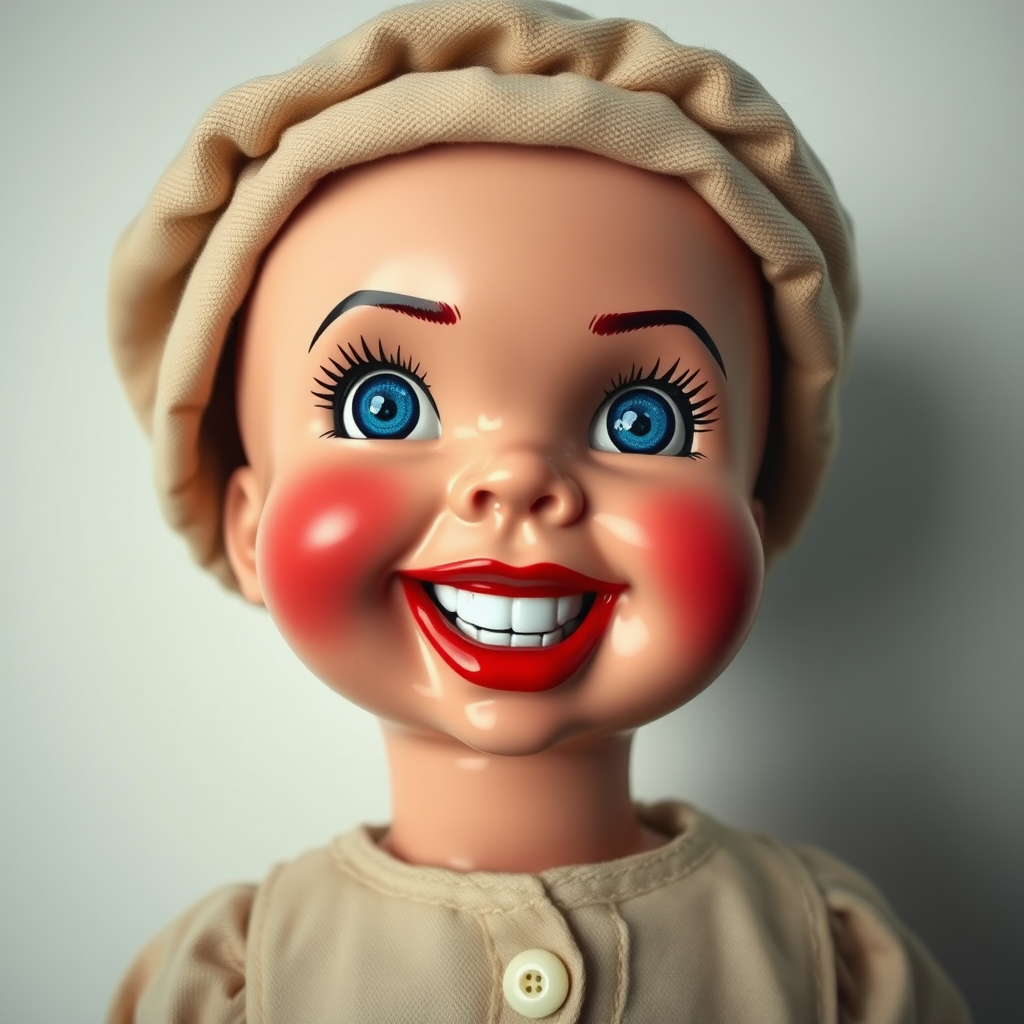 Generate a hyper-realistic image of a vintage doll with rosy cheeks, dimples, and a wide grin with red lips. The doll has bright blue, glossy eyes looking to the side, wearing a beige fabric hat. The face is shiny plastic, contrasting with the matte fabric of the clothing. The background is plain and neutral, emphasizing the doll’s unsettling expression.