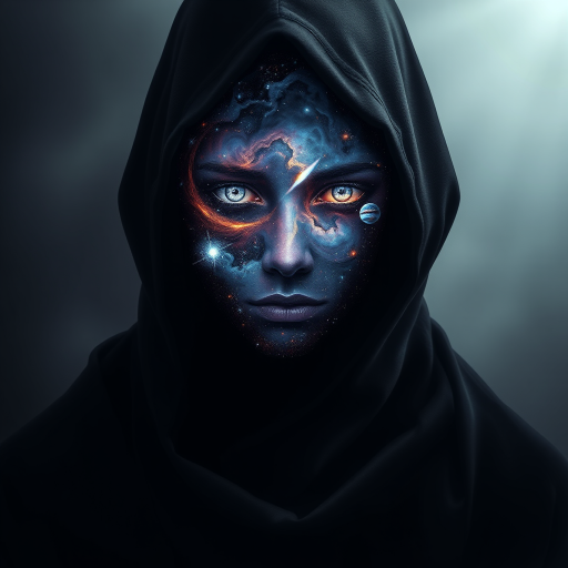 A mysterious hooded figure stands silently, the dark cloak flowing around them like shadows. Beneath the hood, their face is a mesmerizing cosmic scene where swirling galaxies, radiant stars, and vibrant planets form the features. Nebulas drift where eyes should be, glowing softly, while delicate streaks of cosmic energy trace the outlines of a nose and lips. Comets streak across the vastness of their face, and faint constellations pulse with life. The entire visage shifts and evolves as if the universe itself is contained within the figure, giving an ethereal, otherworldly presence to their form.