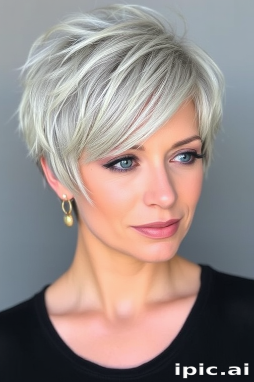 Chic silver-gray pixie with textured layers, styled in a tousled manner to create movement and dimension, exuding confidence and sophistication