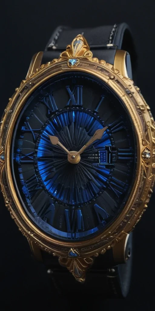 Elegant Timepiece with Blue Accents and Intricate Gold Detailing Design