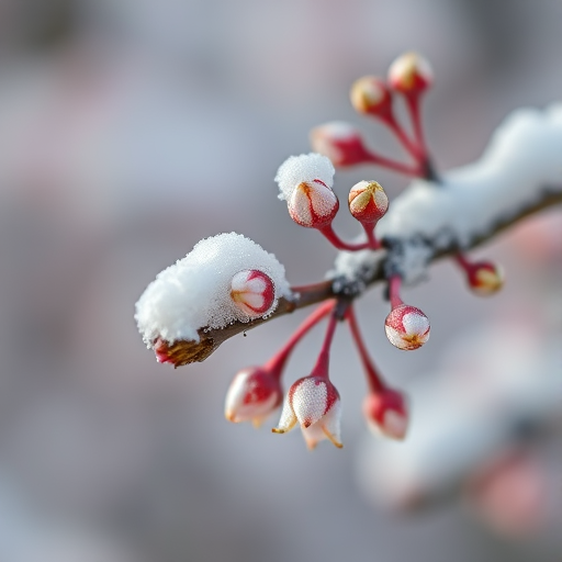 Close-up shot of a snow-covered branch with budding flowers, shallow depth of field, natural light, ISO 200, aperture f/2.8, shutter speed 1/500s, DSLR camera, macro lens, soft focus background.