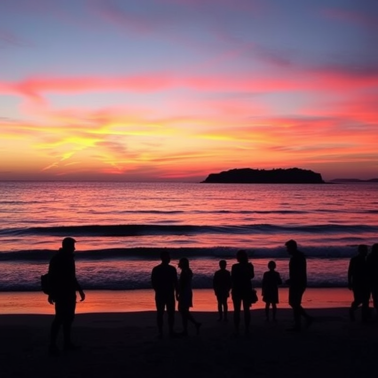 sunset beach scene with silhouetted people, vibrant orange and pink sky, calm ocean waves, island in background, taken with a DSLR camera, 24mm focal length, f/8 aperture, ISO 200, sunset mode, wide-angle view