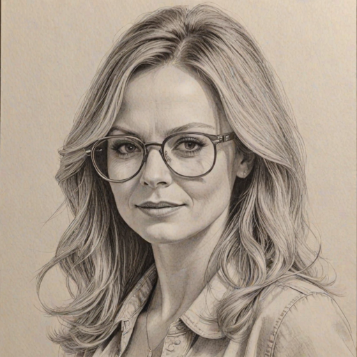 Charming Geri Halliwell, pencil sketch, portrait of Captivating woman 1974s in glasses, hair style beatnik, outline, clear lines, fine lines, 8k