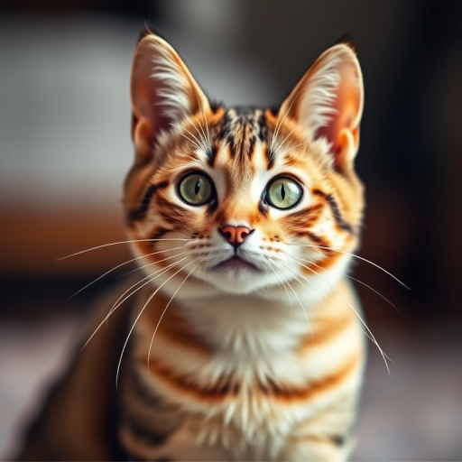 Generate a high-quality image of a stylized cat, captured with a DSLR camera at 50mm focal length, aperture f/1.8, ISO 200, natural light, in a close-up view with a soft-focus background.