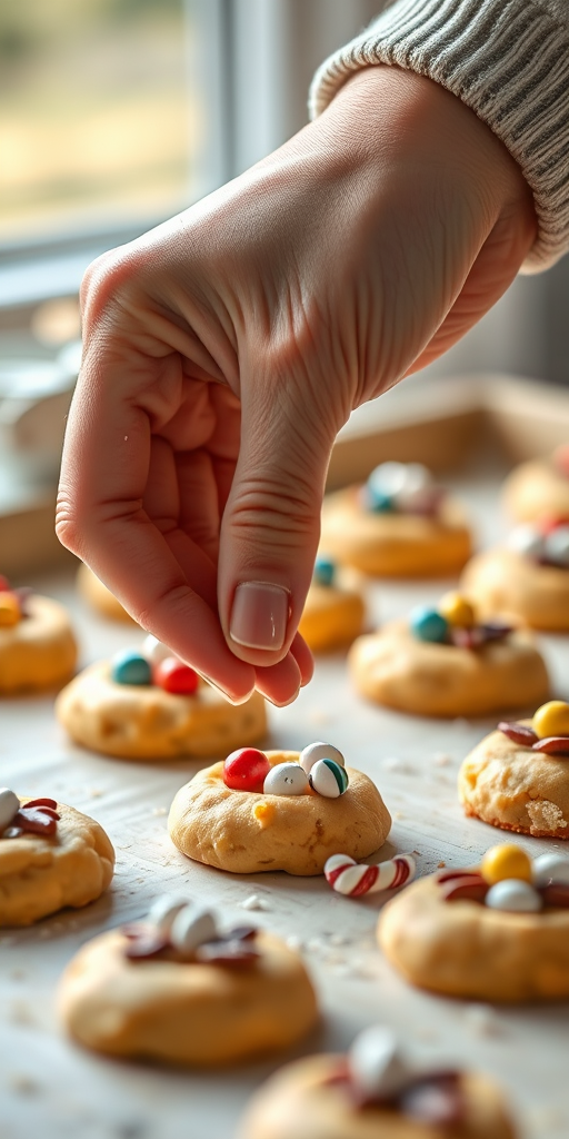 Create an image of a hand delicately placing decorations on freshly made cookie dough, captured with a Canon EOS 5D Mark IV using a 50mm f/1.8 lens, aperture set to f/2.8, ISO 400, shutter speed 1/60 sec, in soft natural light, focusing on the details of the cookie dough and the hand.