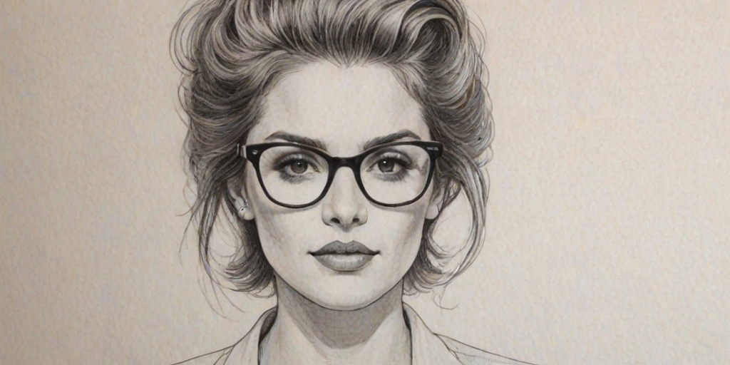 Exquisite Madison Bailey, pencil sketch, portrait of Appealing woman 1980s in glasses, hair style beatnik, outline, clear lines, fine lines, 8k