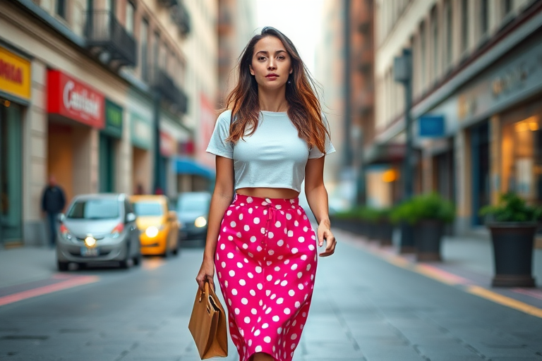 Full body shot of a young woman walking on a city street in a stylish outfit featuring a cropped white top and a bright pink polka dot skirt, capturing vibrant colors and details, DSLR camera, 50mm lens, aperture f/1.8, shutter speed 1/2000s, ISO 100, natural lighting.