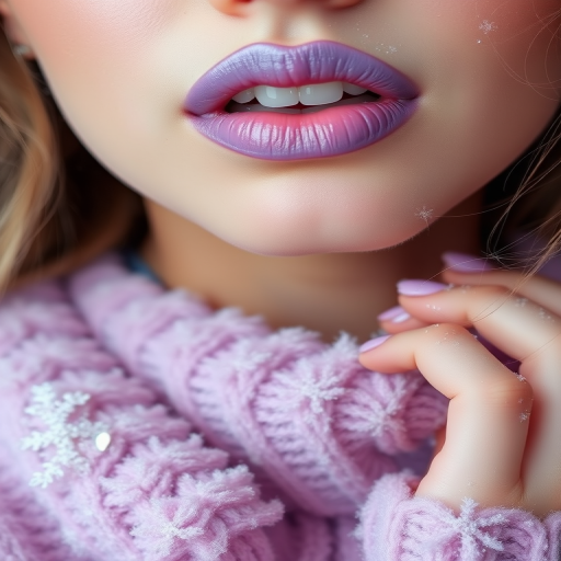Frosted lilac lips dubbed "Whimsical Frost" combine a soft purple base with a cool, icy sheen, ideal for fairy-tale inspired looks and winter wonderland themes