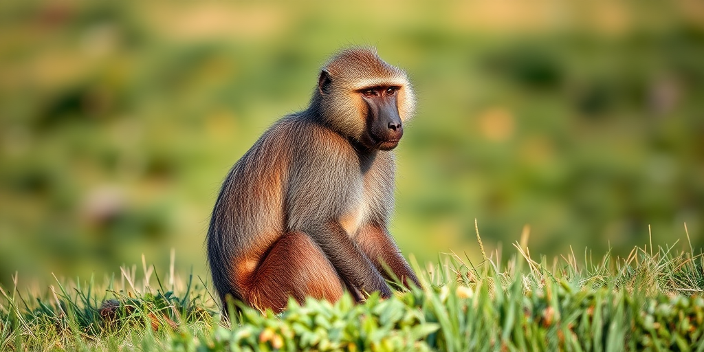 Capture a high-resolution image of a baboon sitting on grassy terrain, with a shallow depth of field, using a Canon EOS R5 with a 85mm f/1.4 lens at ISO 100, aperture f/2.8, and a shutter speed of 1/500s, in natural light.